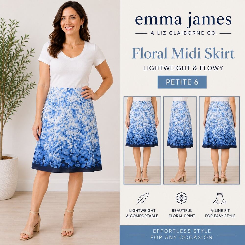 Emma James Liz Claiborne Co Petite 6 A Line Midi Skirt Blue Floral Print